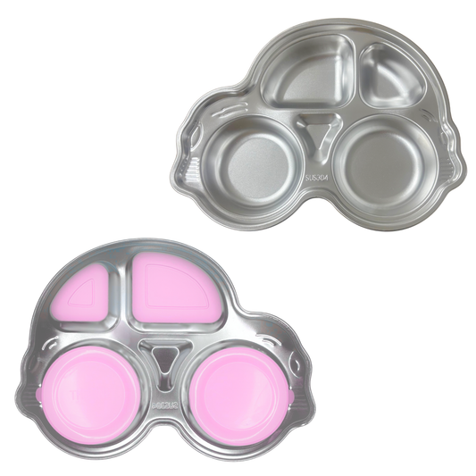 Theoni Stainless Steel Car Shape Suction Plate for Toddlers | 4 Section Kids Feeding Plate | BPA-Free & Dishwasher Safe - Personalization Available (Pink)