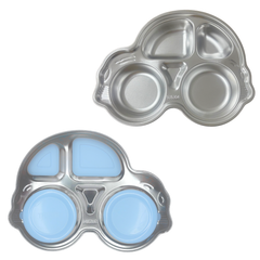 Theoni Stainless Steel Car Shape Suction Plate with Toddler Cutlery Set | 4 Compartment Kids Plate | BPA-Free & Dishwasher Safe (Blue Suction)