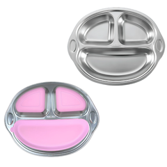 Theoni Stainless Steel Suction Plate for Toddlers | 3 Compartment Monkey Baby Feeding Plate | BPA-Free & Dishwasher Safe - Personalization Available (Pink)