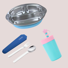 Theoni Monkey Mealtime Adventure Bundle – Blue Suction Plate, Blue Insulated Tumbler & Cutlery Set