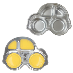 Theoni Stainless Steel Car Shape Suction Plate for Toddlers | 4 Section Kids Feeding Plate | BPA-Free & Dishwasher Safe - Personalization Available(Yellow)