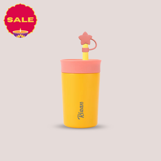 Theoni Star Kids Stainless Steel Insulated Tumbler with Silicon Straw & Cleaning Brush | 355ml | Leak-Proof, BPA-Free, Travel Friendly – Yellow