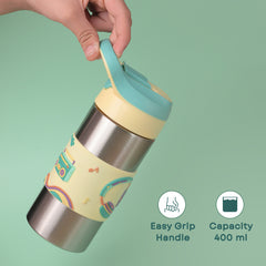 THEONI Kids Water Bottle (400ml) with Straw + Duo Steel 2-Compartment Lunch Box Combo | BPA-Free, Leak-Proof, Microwave Safe Lunch Box- Stereo Green