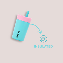 Theoni Kids Stainless Steel Insulated Tumbler with Silicon Straw & Cleaning Brush | 355ml | Leak-Proof, BPA-Free, Travel Friendly – Turquoise and Yellow