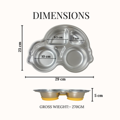 Theoni Stainless Steel Car Shape Suction Plate for Toddlers | 4 Section Kids Feeding Plate | BPA-Free & Dishwasher Safe - Personalization Available(Yellow)