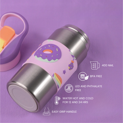THEONI Siphappy Kids Stainless Steel School Water Bottle with Straw (400ml) | BPA-Free, Leak-Proof, Lightweight Water Bottle for Kids | Easy-Sip Design- Crumbl Purple