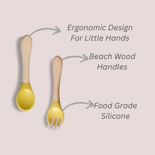 Theoni Rainbow Buddies Silicone Cutlery Set – Baby-Safe Spoon & Fork for Self-Feeding (YELLOW)