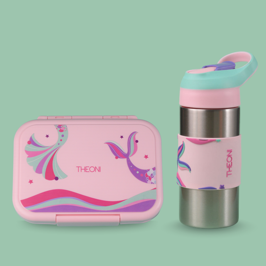 THEONI Kids Water Bottle (400ml) with Straw + Duo Steel 2-Compartment Lunch Box Combo | BPA-Free, Leak-Proof, Microwave Safe Lunch Box- Pixi Pink