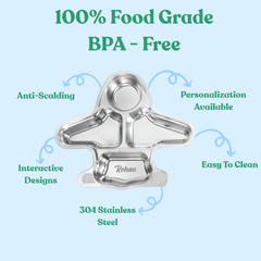 Theoni Stainless Steel Aeroplane Shape Kids Plate / Non Suction Plate / Dinner Dish -Personalization Available