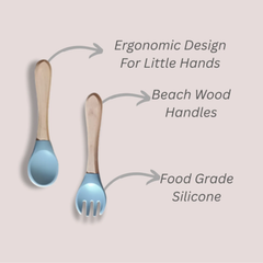 Theoni Rainbow Buddies Silicone Cutlery Set – Baby-Safe Spoon & Fork for Self-Feeding (BLUE)