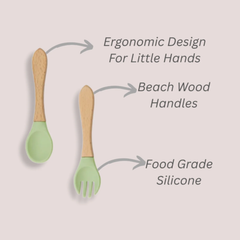 Theoni Rainbow Buddies Silicone Cutlery Set – Baby-Safe Spoon & Fork for Self-Feeding (GREEN)