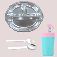Theoni Monkey Mealtime Adventure Bundle – Blue Suction Plate, Blue Insulated Tumbler & Cutlery Set