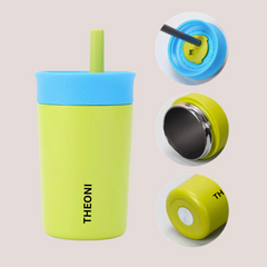 Theoni Kids Stainless Star Insulated Tumbler with Silicon Straw & Cleaning Brush | 355ml | Leak-Proof, BPA-Free, Travel Friendly – Green and Navy Blue