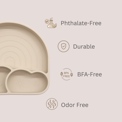 Theoni Silicone Anti Skid Baby Feeding Set with Plate, Lid, Spoon & Fork | Baby-Led Weaning | BPA-Free | Microwave & Dishwasher Safe | Mess-Free Toddler Mealtime Essential – Beige