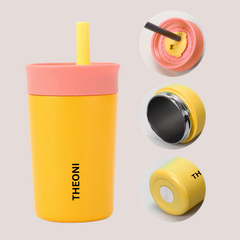 Theoni Kids Stainless Steel Insulated Tumbler with Silicon Straw & Cleaning Brush | 355ml | Leak-Proof, BPA-Free, Travel Friendly – Turquoise and Yellow