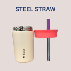 Theoni Kids Stainless Steel Insulated Tumbler with Silicon Straw & Cleaning Brush | 355ml | Leak-Proof, BPA-Free, Travel Friendly – Beige and Pink