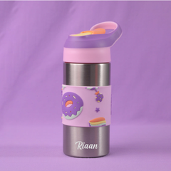 THEONI Kids Water Bottle (400ml) with Straw + Duo Steel 2-Compartment Lunch Box Combo | BPA-Free, Leak-Proof, Microwave Safe Lunch Box- Crumbl Purple