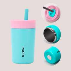 Theoni Kids Stainless Steel Insulated Tumbler with Silicon Straw & Cleaning Brush | 355ml | Leak-Proof, BPA-Free, Travel Friendly – Turquoise and Yellow