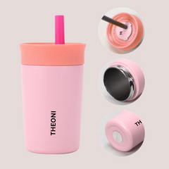 Theoni Kids Stainless Steel Insulated Tumbler with Silicon Straw & Cleaning Brush | 355ml | Leak-Proof, BPA-Free, Travel Friendly – Beige and Pink