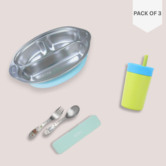 Theoni Monkey Mealtime Adventure Bundle – Blue Suction Plate, Green Insulated Tumbler & Cutlery Set