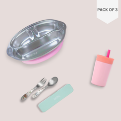 Theoni Pink Monkey Mealtime Essentials Bundle – Suction Plate, Insulated Tumbler & Cutlery Set