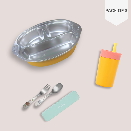 Theoni Monkey Mealtime Fun Bundle – Yellow Suction Plate, Insulated Tumbler & Toddler Cutlery Set
