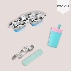 Theoni Blue Car Mealtime Explorer Bundle – Suction Plate, Insulated Tumbler & Toddler Cutlery Set