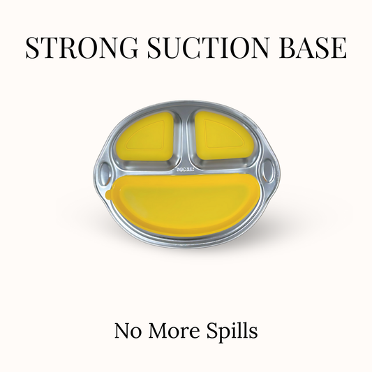 Theoni Stainless Steel Suction Plate for Toddlers | 3 Compartment Monkey Baby Feeding Plate | BPA-Free & Dishwasher Safe - Personalization Available (Yellow)
