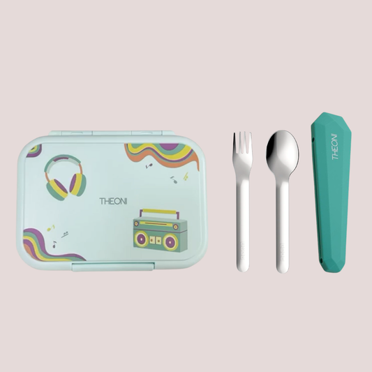 Duo Steel Kids Lunch Box & On-the-Go Cutlery Set – Colorful Microwave-Safe Stereo Lunch Box + BPA-Free Green Travel Spoon & Fork