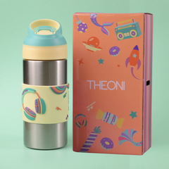 THEONI Siphappy Kids Stainless Steel School Water Bottle with Straw (400ml) | BPA-Free, Leak-Proof, Lightweight Water Bottle for Kids | Easy-Sip Design- Stereo Green