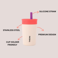 Theoni Star Kids Stainless Steel Insulated Tumbler with Silicon Straw & Cleaning Brush | 355ml | Leak-Proof, BPA-Free, Travel Friendly – Beige