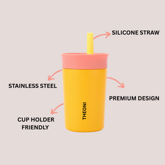 Theoni Kids Stainless Steel Insulated Tumbler with Silicon Straw & Cleaning Brush | 355ml | Leak-Proof, BPA-Free, Travel Friendly – Turquoise and Yellow