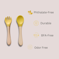 Theoni Rainbow Buddies Silicone Cutlery Set – Baby-Safe Spoon & Fork for Self-Feeding (YELLOW)