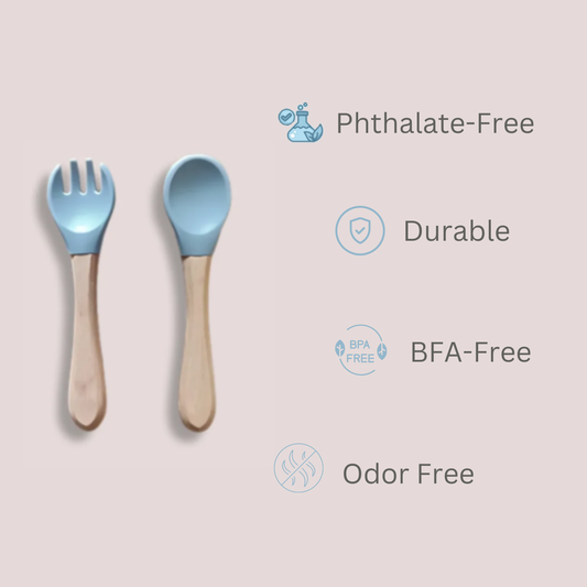 Theoni Rainbow Buddies Silicone Cutlery Set – Baby-Safe Spoon & Fork for Self-Feeding (BLUE)