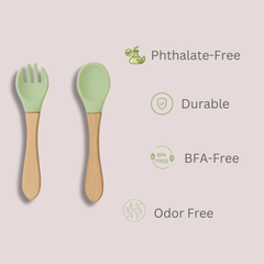 Theoni Rainbow Buddies Silicone Cutlery Set – Baby-Safe Spoon & Fork for Self-Feeding (GREEN)