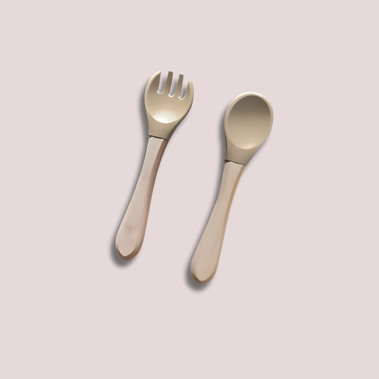 Theoni Rainbow Buddies Silicone Cutlery Set – Baby-Safe Spoon & Fork for Self-Feeding (BEIGE)