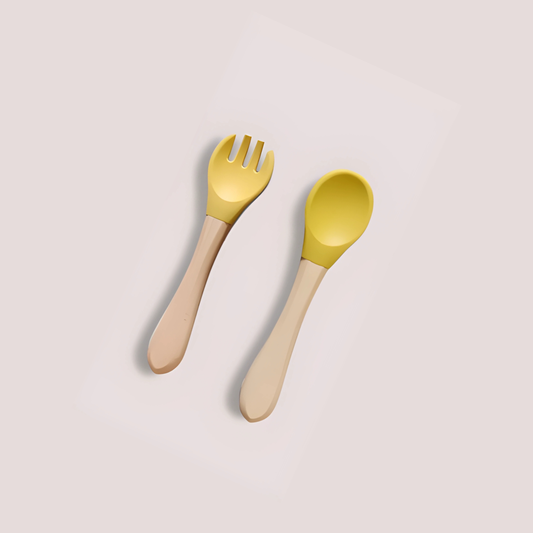 Theoni Rainbow Buddies Silicone Cutlery Set – Baby-Safe Spoon & Fork for Self-Feeding (YELLOW)