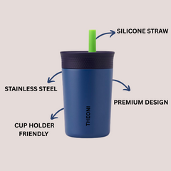 Theoni Kids Stainless Star Insulated Tumbler with Silicon Straw & Cleaning Brush | 355ml | Leak-Proof, BPA-Free, Travel Friendly – Green and Navy Blue