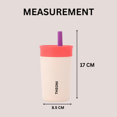 Theoni Kids Stainless Steel Insulated Tumbler with Silicon Straw & Cleaning Brush | 355ml | Leak-Proof, BPA-Free, Travel Friendly – Beige and Pink
