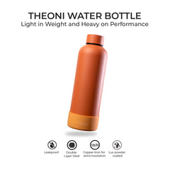 Theoni stainless Steel Double Walled Insulated Water Bottle| 24 Hours Hot & Cold |Leak Proof| Easy to Carry School And Travel Bottle - Zesty Orange (500ml)