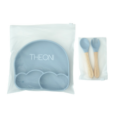 Theoni Silicone Anti Skid Baby Feeding Set with Plate, Spoon & Fork | Baby-Led Weaning | BPA-Free | Microwave & Dishwasher Safe | Mess-Free Toddler Mealtime Essential – Dusty Blue