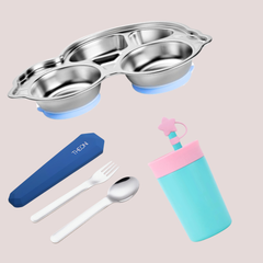 Theoni Blue Car Mealtime Explorer Bundle – Suction Plate, Insulated Tumbler & Toddler Cutlery Set