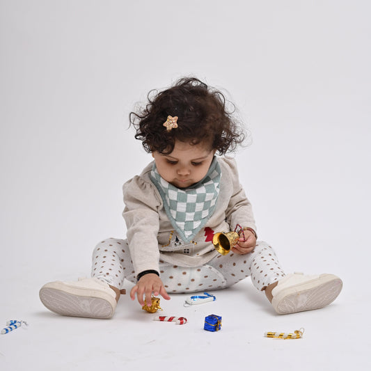 Theoni Racing Checks - Dusty Blue 100% Cotton Muslin Bib for Baby - Stylish, Super Absorbent, Gentle Teething Bib for Infants & Toddlers, Unisex Bandana Drool Bib for Boys & Girls