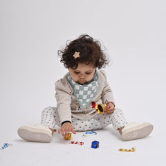 Theoni Racing Checks - Dusty Blue 100% Cotton Muslin Bib for Baby - Stylish, Super Absorbent, Gentle Teething Bib for Infants & Toddlers, Unisex Bandana Drool Bib for Boys & Girls