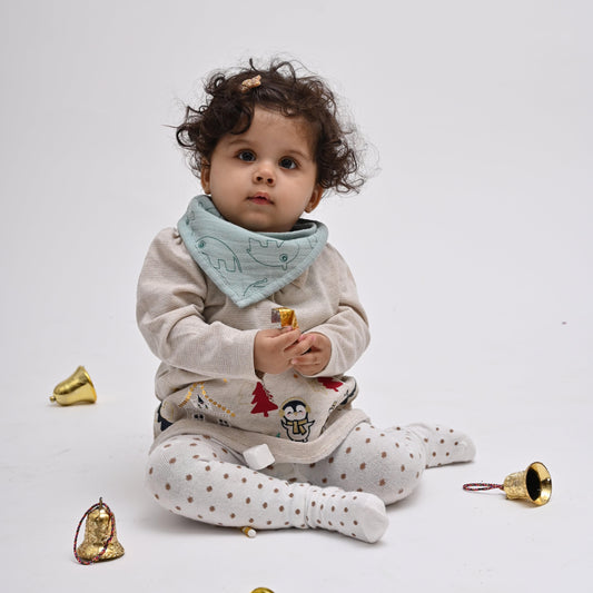 Theoni Forest Friends - Dusty Blue 100% Cotton Muslin Bib for Baby - Stylish, Super Absorbent, Gentle Teething Bib for Infants & Toddlers, Unisex Bandana Drool Bib for Boys & Girls