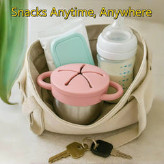 Theoni Stainless Steel Snack Cups with Removable Silicone Food Catcher & Travel Lid – Spill-Proof, Toddler-Friendly, Dishwasher Safe- Pink