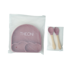 Theoni Silicone Anti Skid Baby Feeding Set with Plate, Spoon & Fork | Baby-Led Weaning | BPA-Free | Microwave & Dishwasher Safe | Mess-Free Toddler Mealtime Essential – Dark Pink