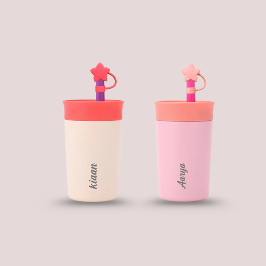 Theoni Kids Stainless Steel Insulated Tumbler with Silicon Straw & Cleaning Brush | 355ml | Leak-Proof, BPA-Free, Travel Friendly – Beige and Pink