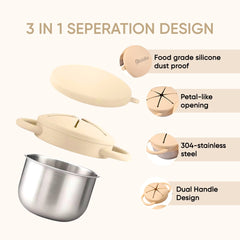 Theoni Stainless Steel Snack Cups with Removable Silicone Food Catcher & Travel Lid – Spill-Proof, Toddler-Friendly, Dishwasher Safe- Beige
