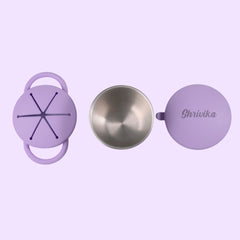Theoni Stainless Steel Snack Cups with Removable Silicone Food Catcher & Travel Lid – Spill-Proof, Toddler-Friendly, Dishwasher Safe- Purple
